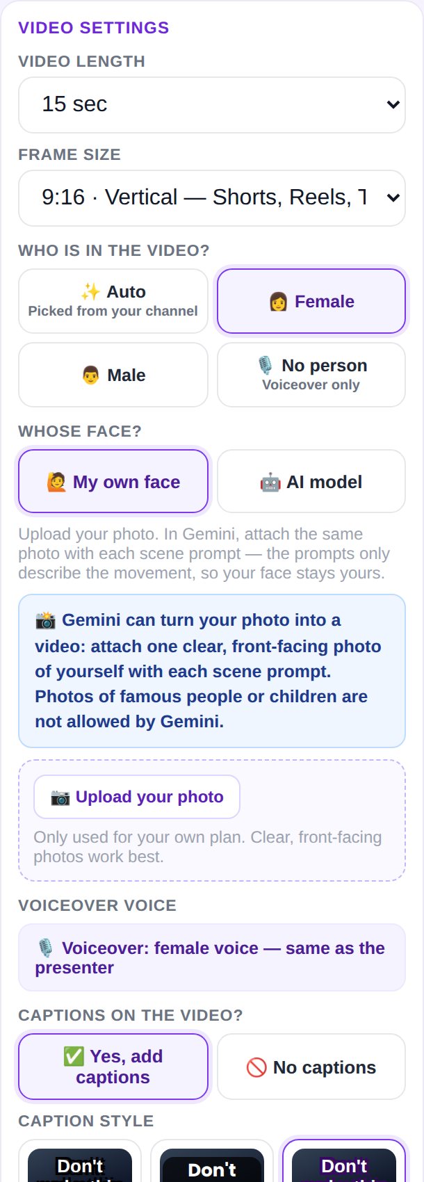 AI video settings — length, frame, presenter, voice, captions